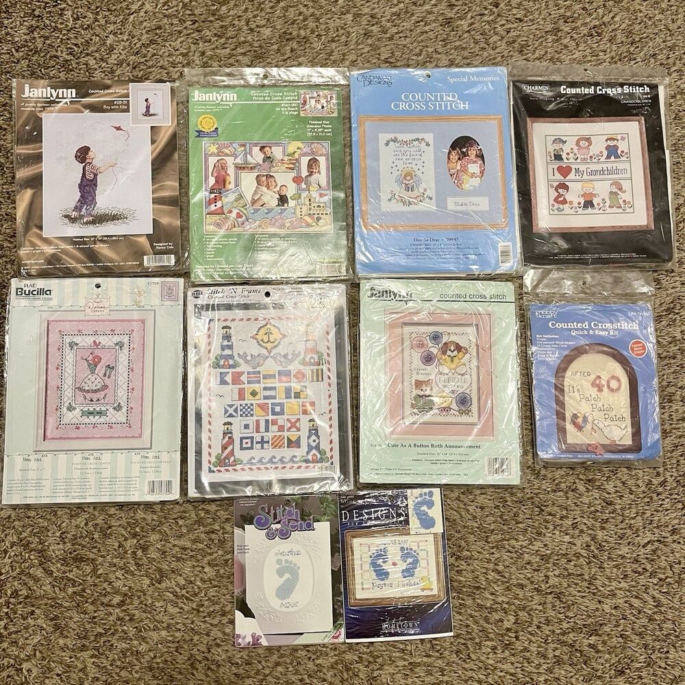 Lot of 10 NEW Cross Stitch Kits Bucilla Janlynn Baby Family Nautical & More Vtg